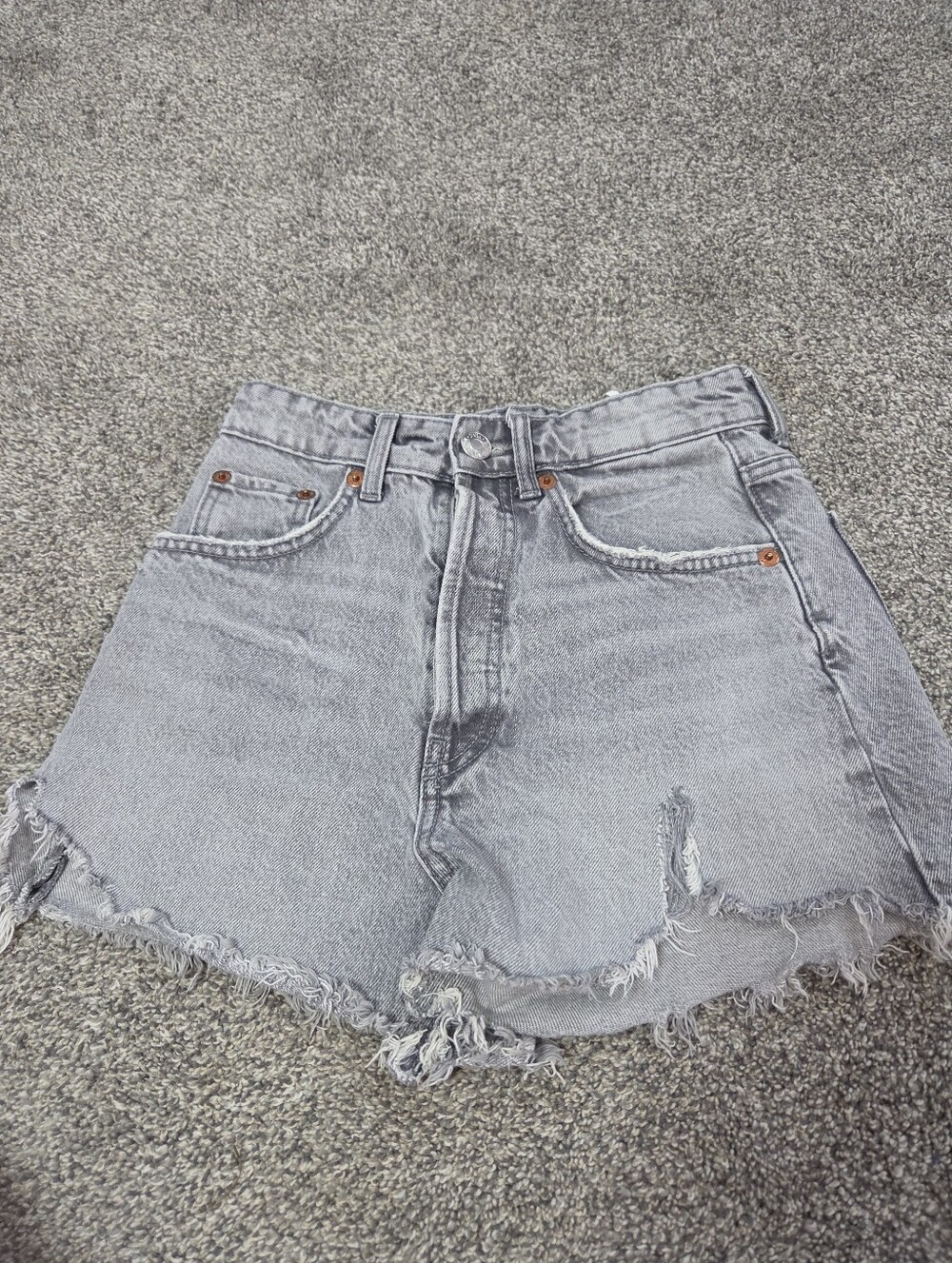 High-Rise Distressed Grey Denim Shorts